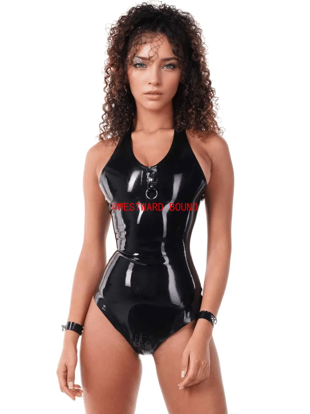 Sleeveless Jumpsuit - seksi siyah lateks yular tulum ön