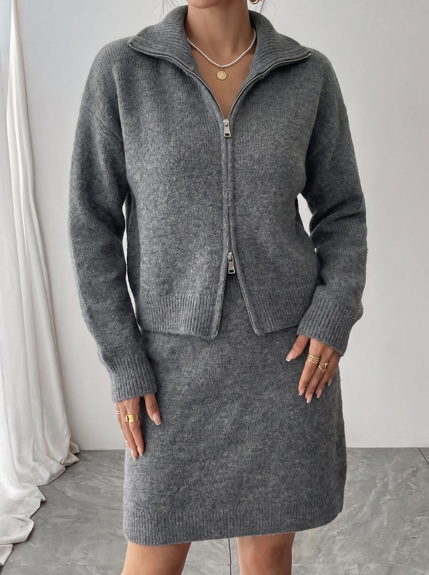 Women'S Fashion Quarter Zip - Erken Sonbahar Zarif Örgü Fermuarlı Eşofman