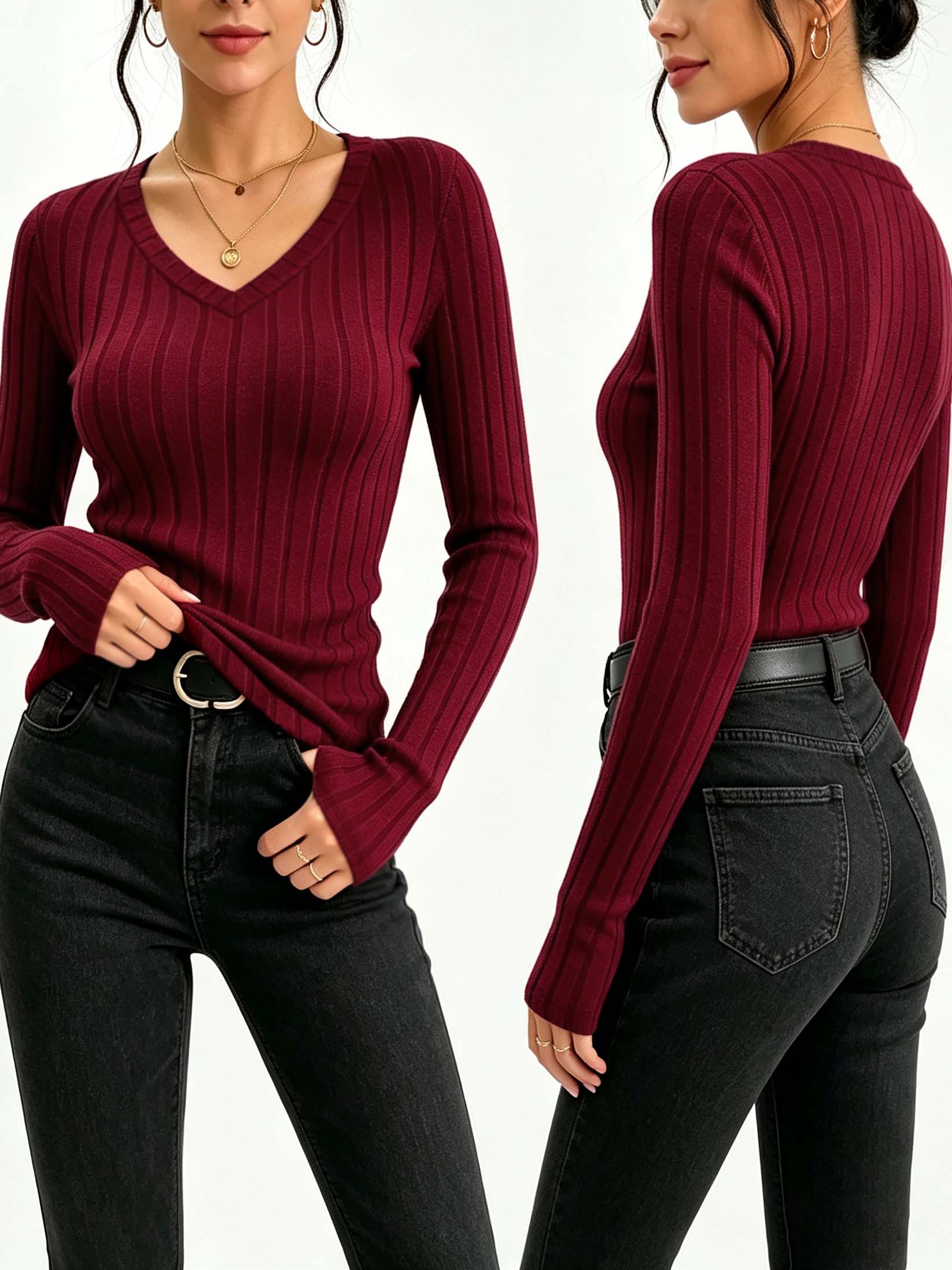 Women Fashion Styles - Kadın Düz V Yaka Nervürlü Örme