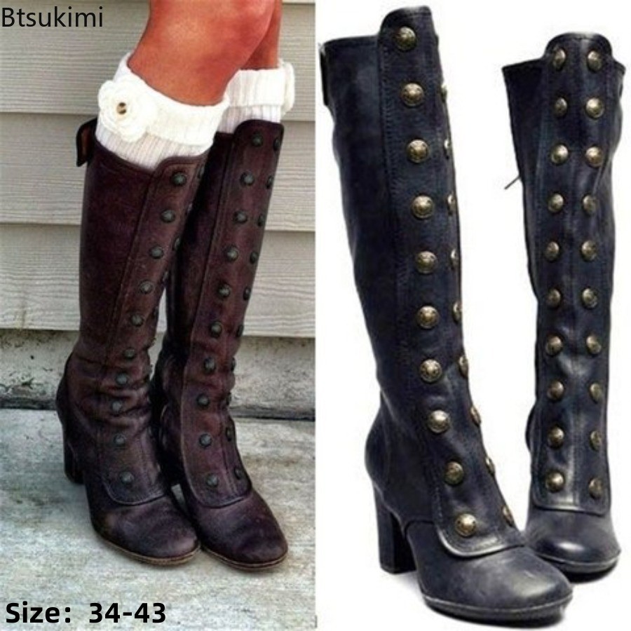 Winter Fashion Women Boots - Retro Siyah Moda Perçin Detaylı Botlar