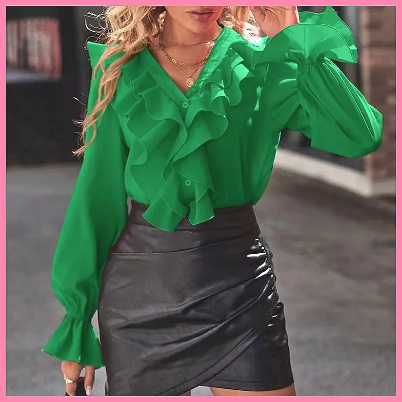 Women'S Fashion Tops - 2025 Moda V Yaka Fırfırlı Geniş