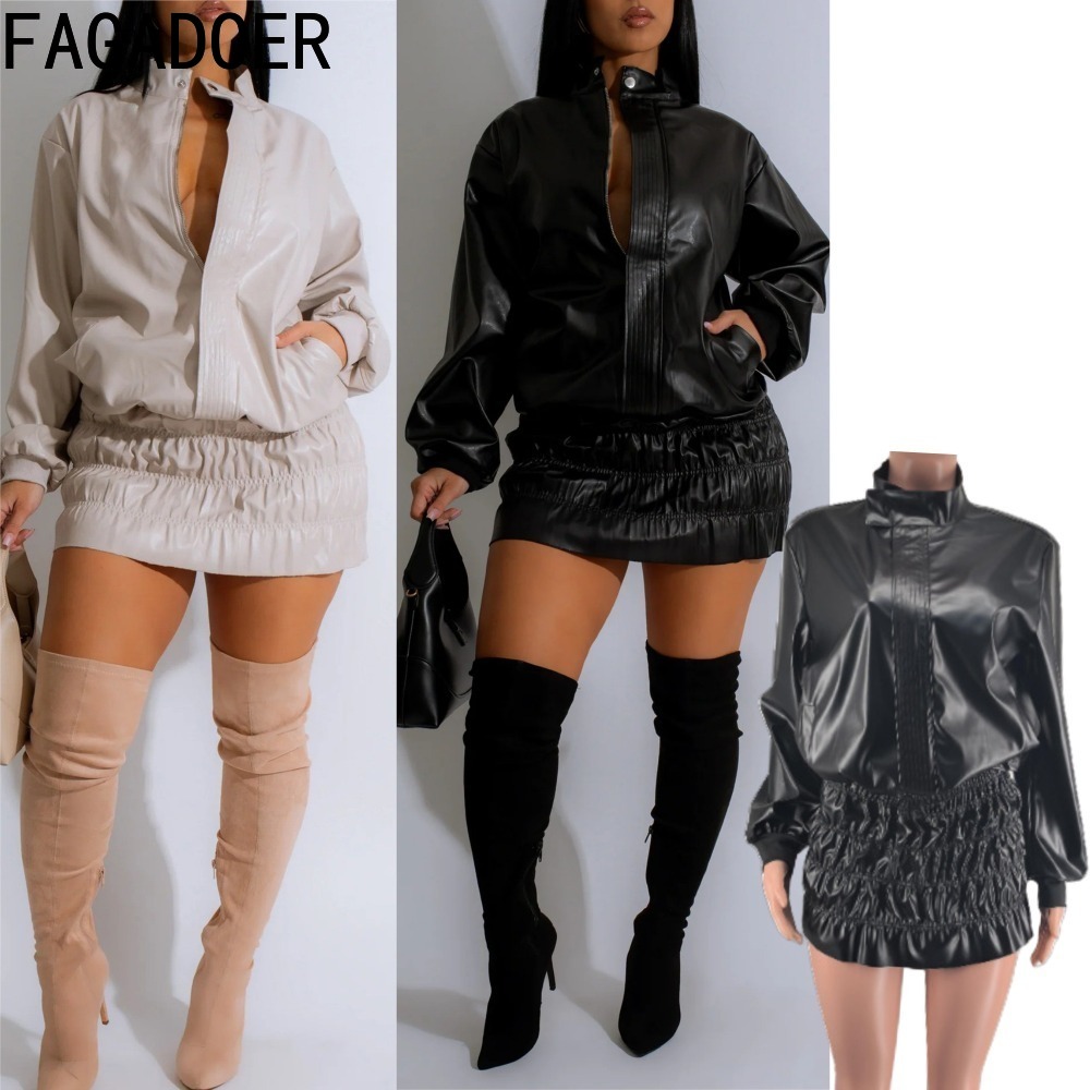 Women'S Fashion Quarter Zip - FAGADOER Punk Deri 2 Parça Setleri