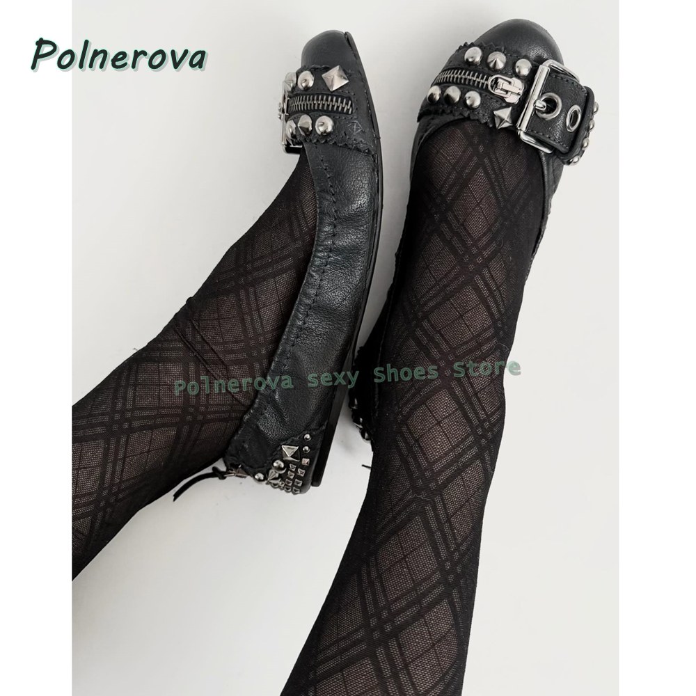 Women'S Fashion Footwear - Perçinli Tokalı Mary Jane Ayakkabılar Sivri