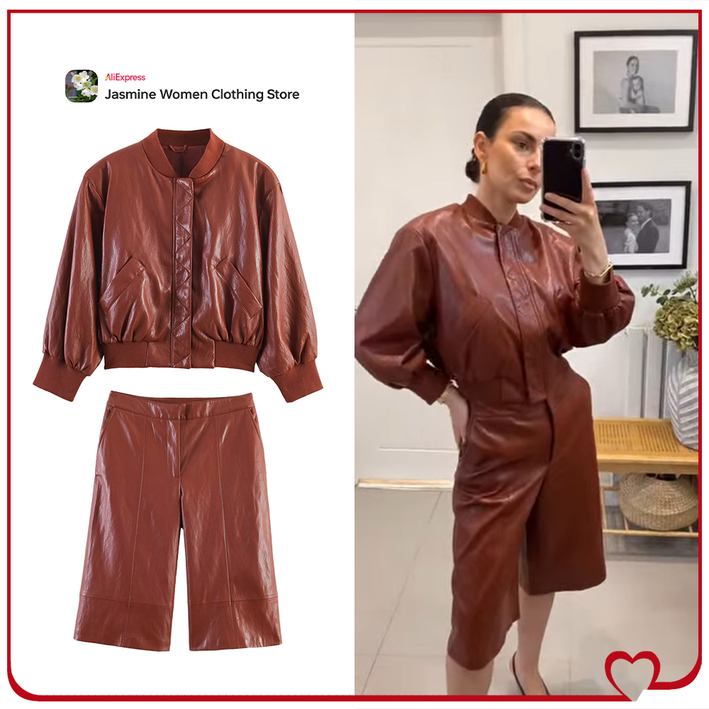Women'S Fashion Quarter Zip - Moda Kadın Suni Deri Kısa Setler